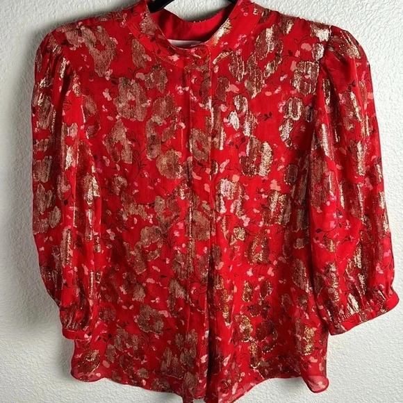 ba&sh Silk and Metallic Quarter Sleeve Button Up Blouse - Picture 13 of 13